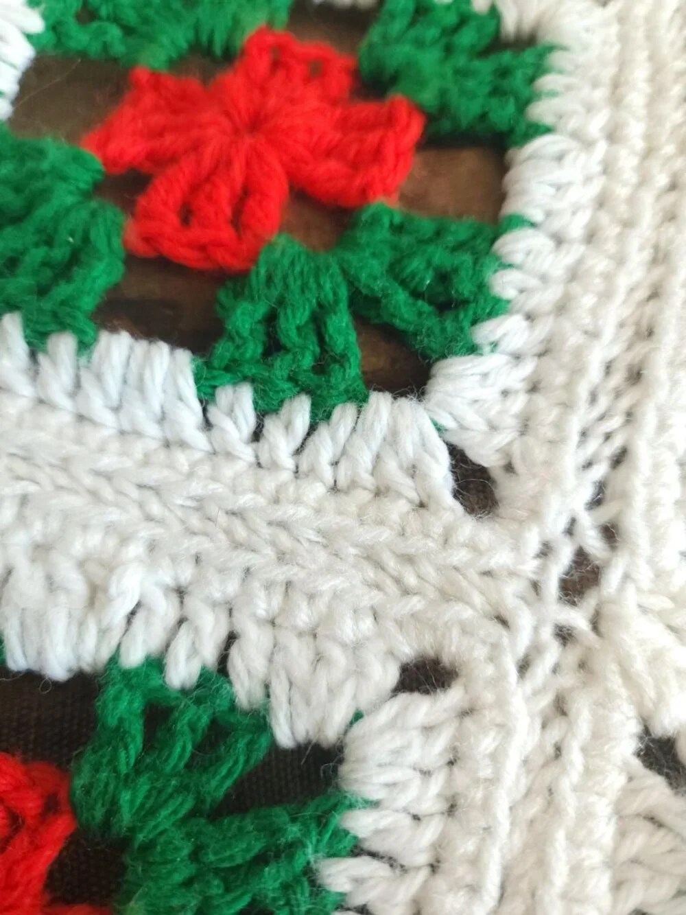 Vintage 1970s Afghan, Granny Square Crochet Lap Blanket, Red Green White Poinset